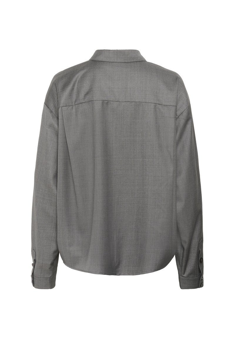 Graues Langarmshirt mit entspannter Silhouette, Kragen und geknöpften Manschetten. Glatte Stoffoberfläche und Rückenpasse.