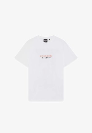 Bílé tričko s krátkým rukávem s potiskem "LYLE'S Corner Market" růžovou a černou barvou uprostřed přední části.