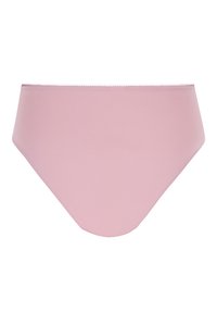 Lichtroze bikini slip met een gladde textuur, hoge taille en elastische tailleband. Naadloze randen en minimale bedekking.