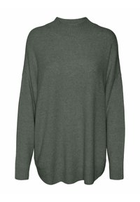 Pull en maille vert foncé à manches longues avec col montant côtelé, poignets et ourlet côtelés, présentant une coupe ample et un ourlet légèrement incurvé.