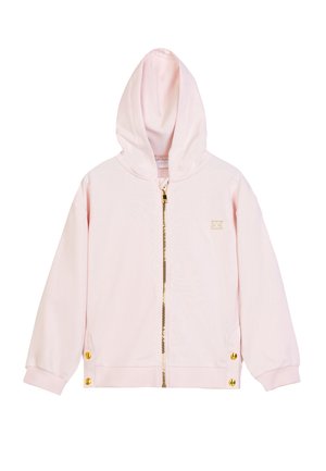 Felpa con cappuccio rosa chiaro con zip e bottoni dorati, maniche lunghe, cappuccio e piccolo logo dorato sul lato sinistro del petto.