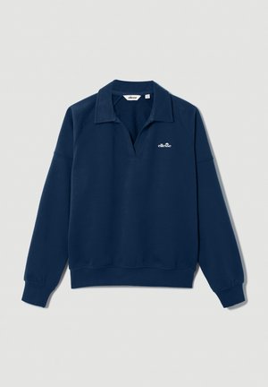 Μπλε σκούρο φούτερ με μακριά μανίκια, γιακά, ελαστικά μανίκια και μικρό λευκό λογότυπο ellesse στο αριστερό στήθος.