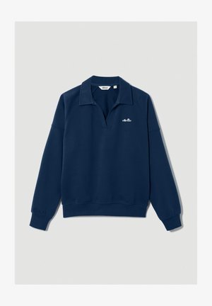 Sweat-shirt bleu marine à manches longues avec col, poignets élastiques, et petit logo blanc ellesse sur la poitrine gauche.