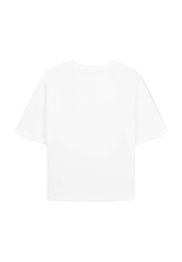 T-shirt bianco oversized a maniche corte con scollo rotondo, mostrato piatto dal retro su uno sfondo bianco.