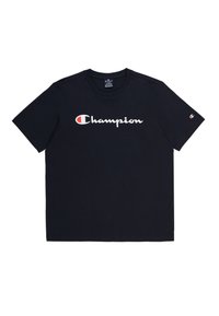 Camiseta de algodón negra con mangas cortas, que presenta un gran logotipo blanco de "Champion" y un pequeño logotipo en la manga. Diseño clásico de cuello redondo.