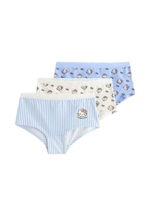 Trzy pary kobiecych majtek hipster w niebieskie paski oraz dwa wzory z twarzą Hello Kitty w niebieskim i białym kolorze.