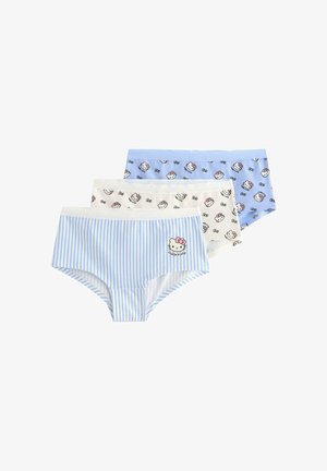 Drie paar dames hipster onderbroeken in blauwe streepjes en twee ontwerpen met het Hello Kitty gezicht in blauwe en witte kleuren.