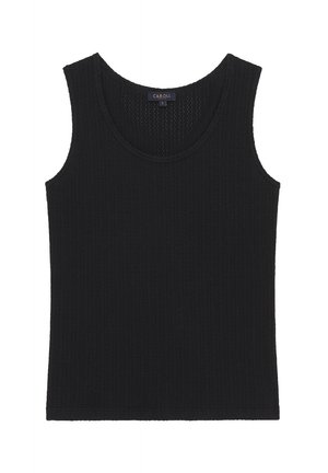 Zwart mouwloos geribbeld tanktop met ronde hals, maat small, merklint "Caroll" zichtbaar aan de binnenkant van de kraag.