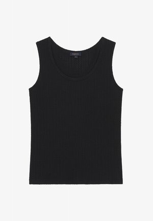Zwart mouwloos geribbeld tanktop met ronde hals, maat small, merklint "Caroll" zichtbaar aan de binnenkant van de kraag.