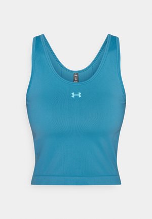 Žalsvai mėlyna sportinė liemenėlė su apvalia iškirpte, briaunuotu paviršiumi ir aptemptu dizainu. Centre priekyje yra šviesiai mėlynas logotipas.