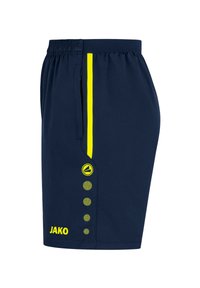 Marineblaue Sportshorts mit elastischem Bund, gelbem Seitensaum und runden Akzenten. Markenlogo "JAKO" in Gelb unten links.