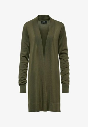 Oliwkowa, długa kardigan w dzianinowym materiale, z otwartym przodem, długimi rękawami oraz ściągaczami przy rękawach i hemie. Prosty, nieozdobiony design.
