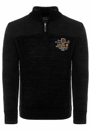 Pullover noir à col haut et zip quart. Tissu texturé avec des logos brodés en jaune et blanc. Poignets et ourlet côtelés.