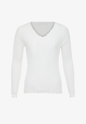 Fehér, bordázott, hosszú ujjú felső V-nyakkal és fodros aljjal. Könnyű anyagból készült, testhezálló fazonnal és texturált felülettel.