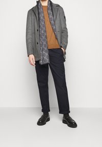 Personne portant un manteau gris, une écharpe grise à motifs, un pull marron, un pantalon bleu marine et des chaussures en cuir noir, posant devant un fond blanc.