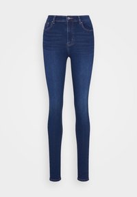 Dunkelblaue Skinny-Jeans mit hoher Taille, klassischem Fünf-Taschen-Design und dezenten Nähten. Hergestellt aus Denim mit glatter Textur.
