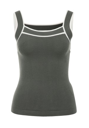 Sötétzöld felső, fehér díszítéssel, mély dekoltázzsal és vékony pántokkal. Az anyag bordázott textúrájú és testhez simuló fazonú.