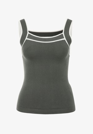 Sötétzöld felső, fehér díszítéssel, mély dekoltázzsal és vékony pántokkal. Az anyag bordázott textúrájú és testhez simuló fazonú.