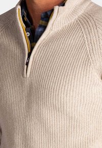 Beige gebreide pullover met hoge kraag en halve rits; heeft een geribde textuur en een gele ritsaccent, gedragen over een blauw geruit overhemd.