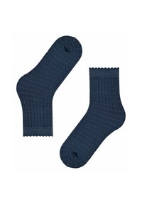 Ciemnoniebieskie bawełniane skarpetki z teksturowanym wzorem w diamenty, żebrowanym designem i falbanką, z gładką strefą palców i pięty.