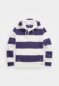 Sudadera con capucha de rayas horizontales en azul marino y blanco, fabricada en algodón, con bolsillo canguro, cordones y una etiqueta con el logo cerca del dobladillo.