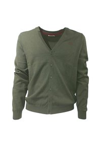 Grüne Strickjacke mit V-Ausschnitt, vorderer Knopfleiste, langen Ärmeln und gerippten Bündchen. Mit kleinem Logo auf der linken Seite.