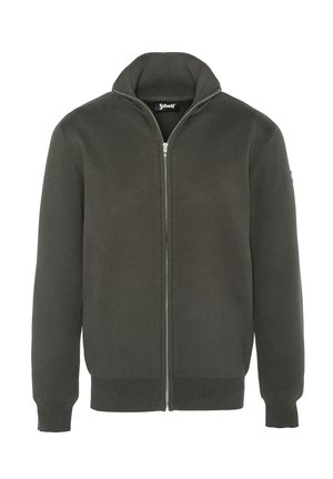 Dunkelgrüner, Reißverschluss-Pullover mit hohem Kragen. Hergestellt aus texturiertem Stoff mit gerippten Bündchen und Saum. Logo auf dem linken Ärmel.