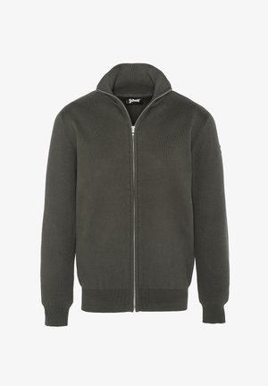 Dunkelgrüner, Reißverschluss-Pullover mit hohem Kragen. Hergestellt aus texturiertem Stoff mit gerippten Bündchen und Saum. Logo auf dem linken Ärmel.