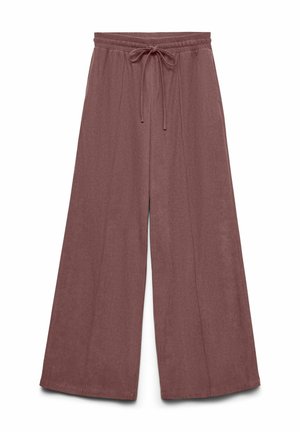 Pantalons à jambes larges dans une couleur mauve douce, fabriqués en tissu doux, avec une taille élastique et un cordon de serrage, présentant une texture lisse.
