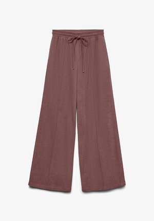 Wijdvallende broek in een gedempt mauve kleur, gemaakt van zachte stof, met een elastische tailleband en een trekkoord en een soepele textuur.