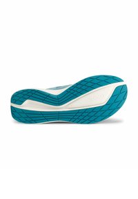 Sola della scarpa in bianco e turchese, con un motivo testurizzato per la presa, dalla forma curvata e con il marchio sul lato.
