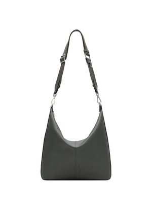 Czarna skórzana torebka na ramię z regulowanym, odpinanym paskiem i srebrnymi elementami, prezentowana na białym tle.