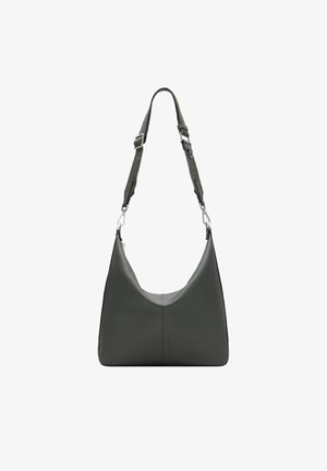 Schwarze Leder-Schultertasche mit verstellbarem, abnehmbarem Riemen und silberfarbener Hardware, präsentiert vor weißem Hintergrund.