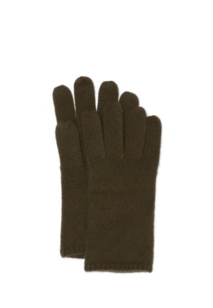 Par de guantes tejidos de color marrón oscuro con cinco dedos, colocados planos sobre un fondo blanco.