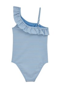 Jednoczęściowy strój kąpielowy w niebiesko-białe paski z falbanką na ramieniu i regulowanym paskiem, wykonany z elastycznego materiału.