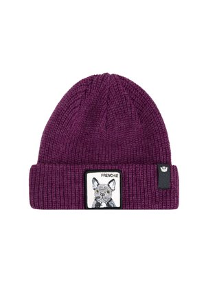 Cappello a maglia viola con risvolto, caratterizzato da un design ricamato di un cane e la scritta "FRENCHIE" su una toppa rettangolare.