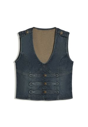 Veste sans manches en denim bleu foncé avec un col en V profond, des pattes de bouton aux épaules et trois détails décoratifs de sangles avant avec boutons.