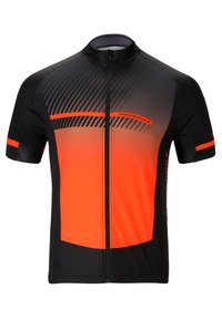 Korte mouwen fietsjersey in zwart en gradient oranje, met horizontale strepen en een rits aan de voorkant, gemaakt van lichtgewicht, ademend materiaal.