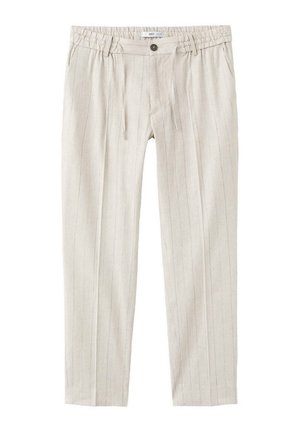 Pantalon beige clair à fines rayures, taille élastique, cordon, fermeture par bouton et poches latérales.
