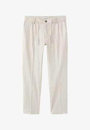 Pantalon beige clair à fines rayures, taille élastique, cordon, fermeture par bouton et poches latérales.