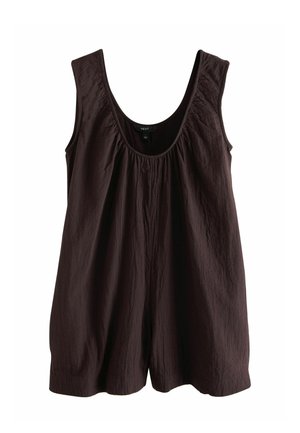 Ärmelloser dunkelbrauner Leinen-Overall mit Rundhalsausschnitt und locker sitzenden Shorts, mit dezenten gerafften Stoffdetails.