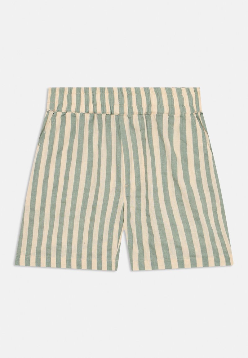 Striped shorts featuring vertical green and cream stripes, elastic waistband, and a lightweight fabric with a soft texture.
