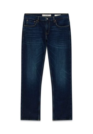 Sötétkék farmernadrág egyenes szárú fazonnal. Öt zsebbel, finom kopott hatással és kontrasztos varrással.