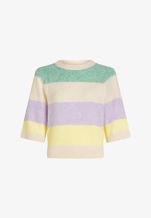 Krótki sweter z dzianiny z krótkim rękawem, w poziome paski w kolorach zielonym, kremowym, lawendowym i żółtym. Teksturowana tkanina z okrągłym dekoltem.
