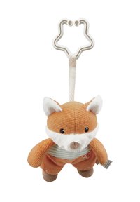 Soft plush toy fox with orange corduroy body, white accents, striped fabric shirt, and a star-shaped clip for attachment.