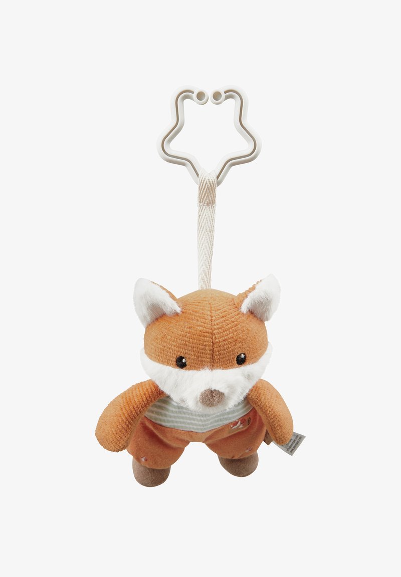 Soft plush toy fox with orange corduroy body, white accents, striped fabric shirt, and a star-shaped clip for attachment.