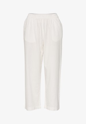 Weiße, leichte, gewebte Hosen mit einem elastischen Bund, zwei seitlichen Taschen und einer lockeren Passform. Der Saum ist mit einem einfachen Stich abgeschlossen.