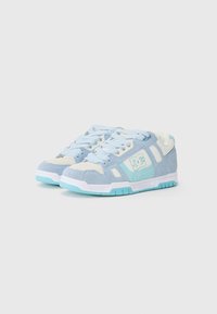 Light blue suede sneakers with white accents and a mint green logo. Features padded collar, lace-up design, and textured rubber sole.