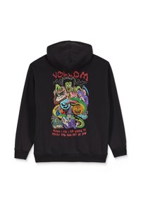 Zwarte hoodie met een kleurrijke grafische print op de achterkant, waarop verschillende wezens en tekst in levendige kleuren zijn afgebeeld. Gemaakt van katoen, pullover stijl.