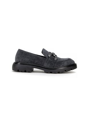 Dark gray loafer with chunky black sole and decorative silver chain detail on upper, side view on white background.